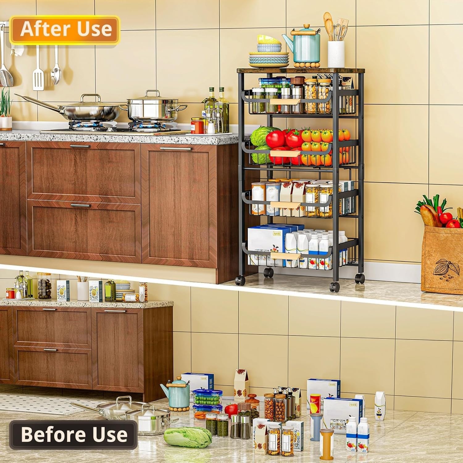 5 Tier Kitchen Trolley on Wheels Storage Rack Wood Top