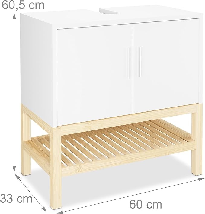 White Bamboo Bathroom Sink Cabinet 60x60x33cm Vanity Storage Unit with Shelf