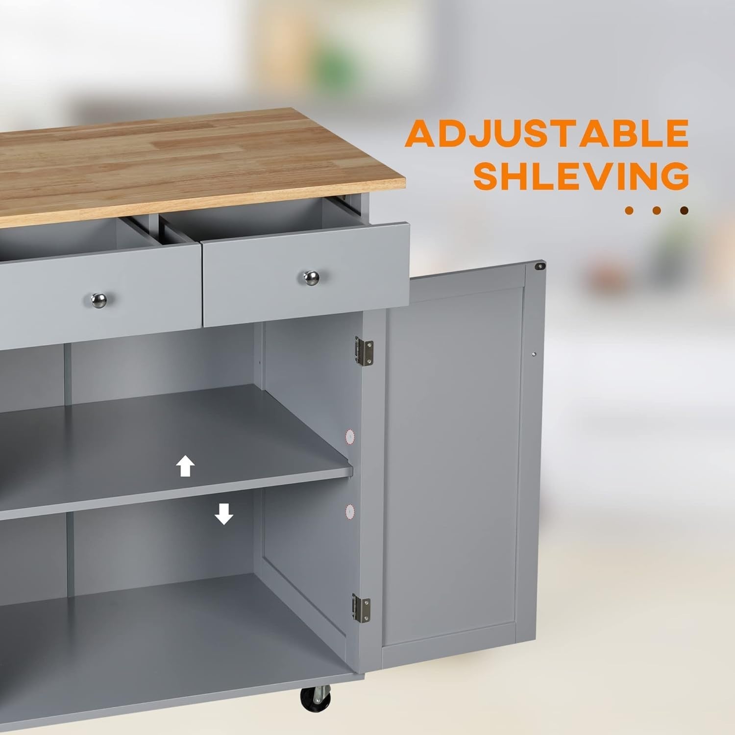 Rolling Kitchen Island Cart with Drawers, Rubber Wood Top & Hooks, 48x87x90cm