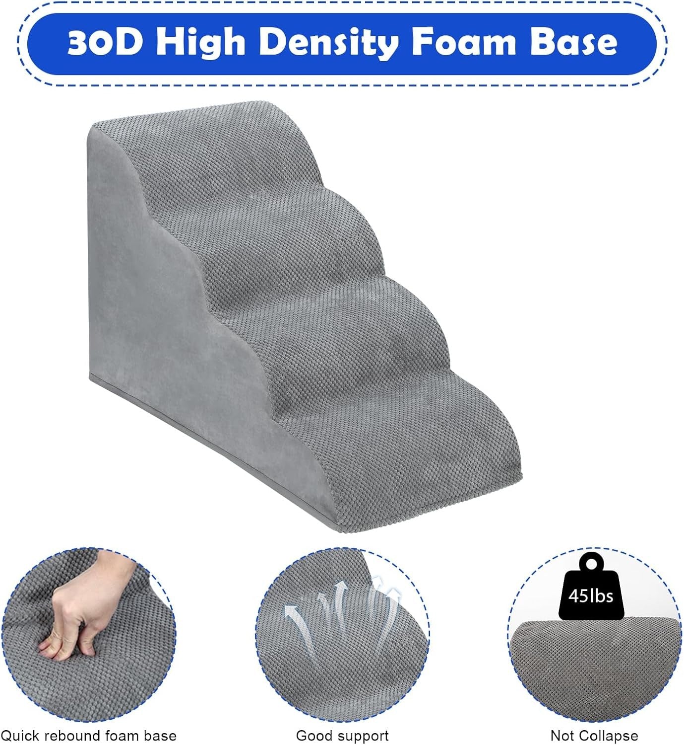 4 Step Dog Stairs Extra Tall Foam Pet Ramp Non Slip Grey