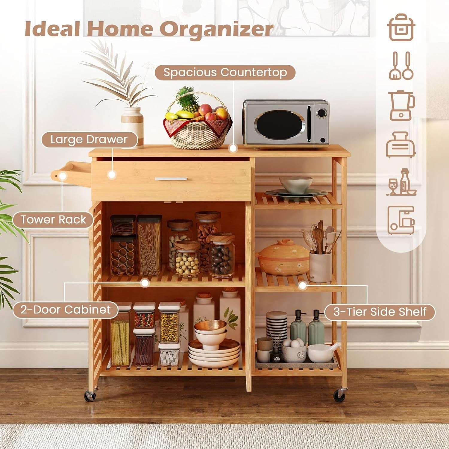 Rolling Bamboo Kitchen Island Cart with Storage Cabinet - Drawer & Shelves