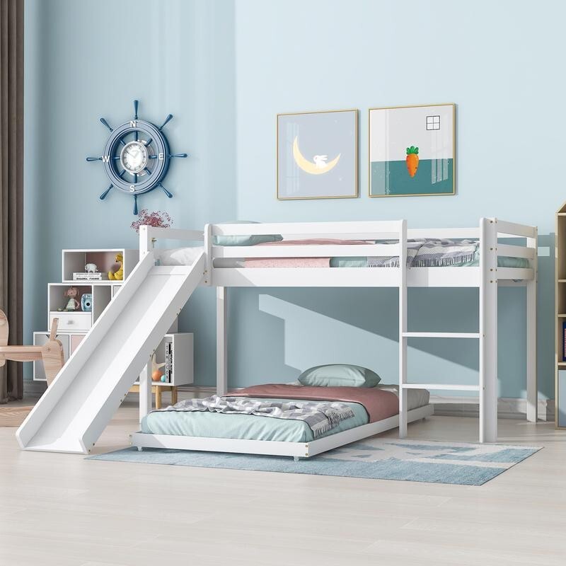 Kids Cabin Bunk Bed with Slide & Ladder Adjustable Wood Frame White 90x200