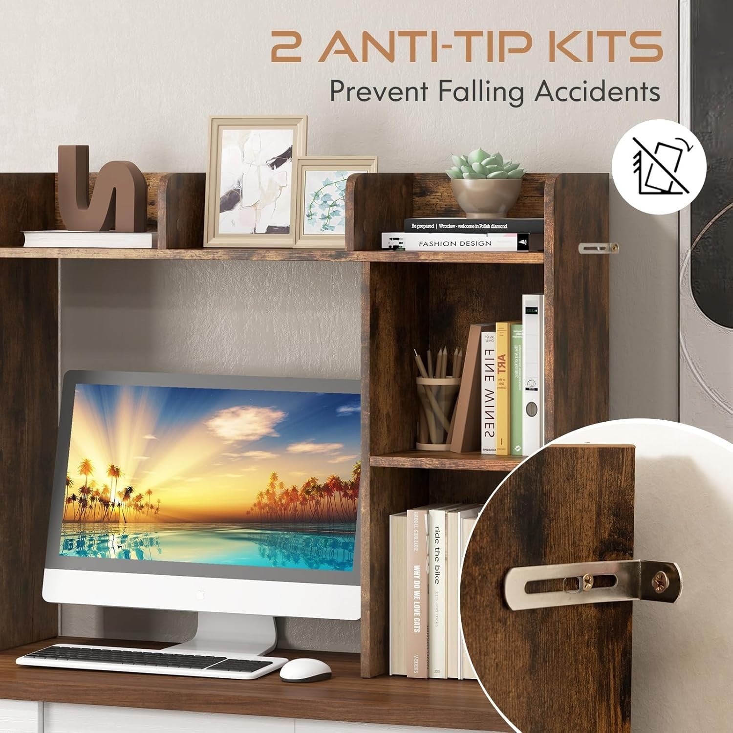 Brown Desktop Bookshelf 3-Shelf Storage Hutch Organizer Rack 94cm