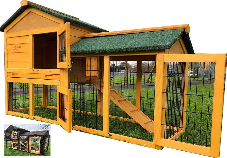 Large Rabbit Hutch with Run Outdoor Wooden 2 Tier Rain Cover Included