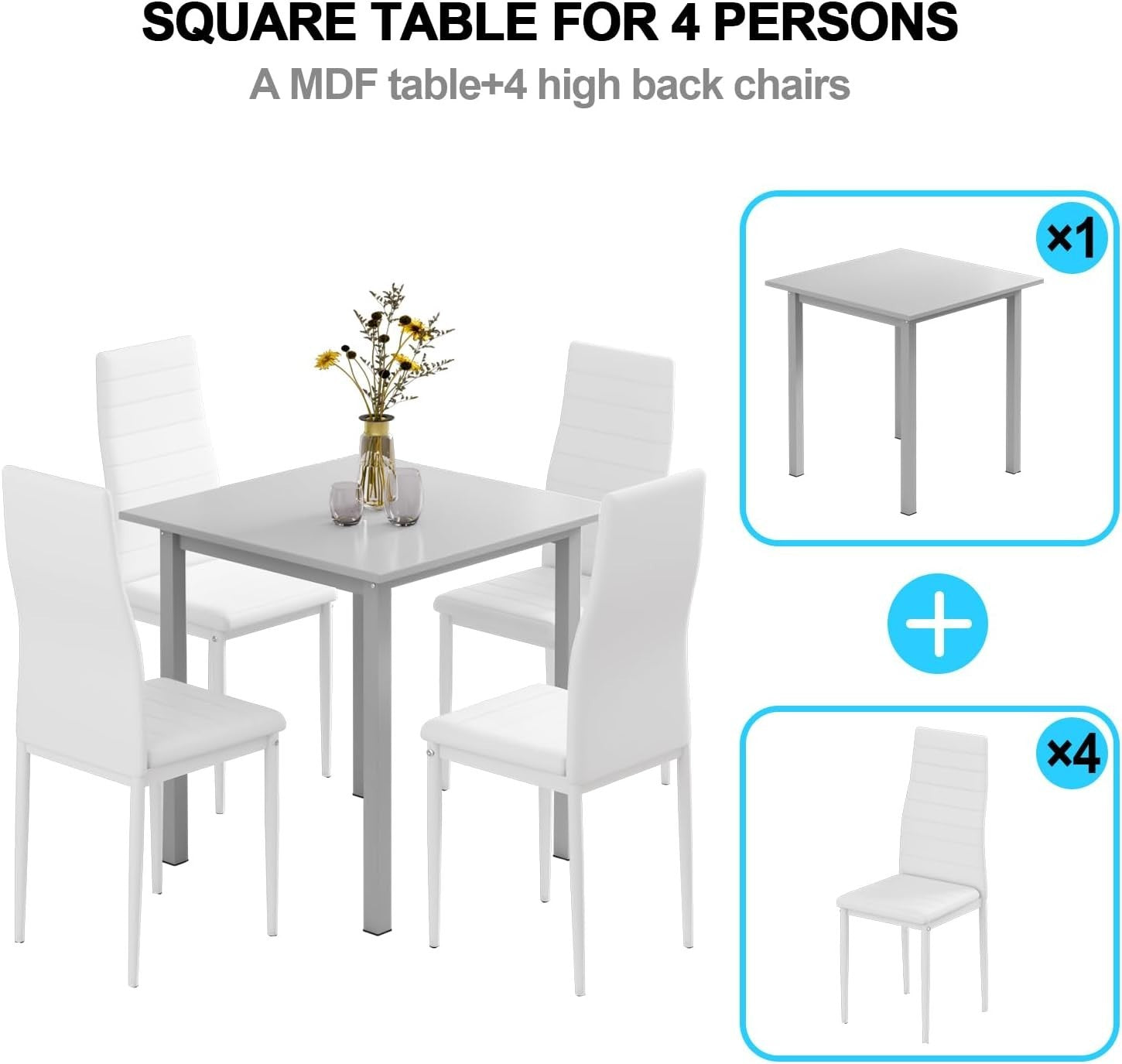 Modern Grey Dining Table Set with 4 Faux Leather Chairs – Compact & Durable