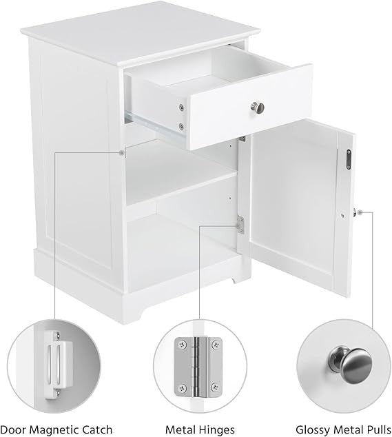 White Bedside Table with Drawer & Cupboard | Wooden Nightstand Storage Unit