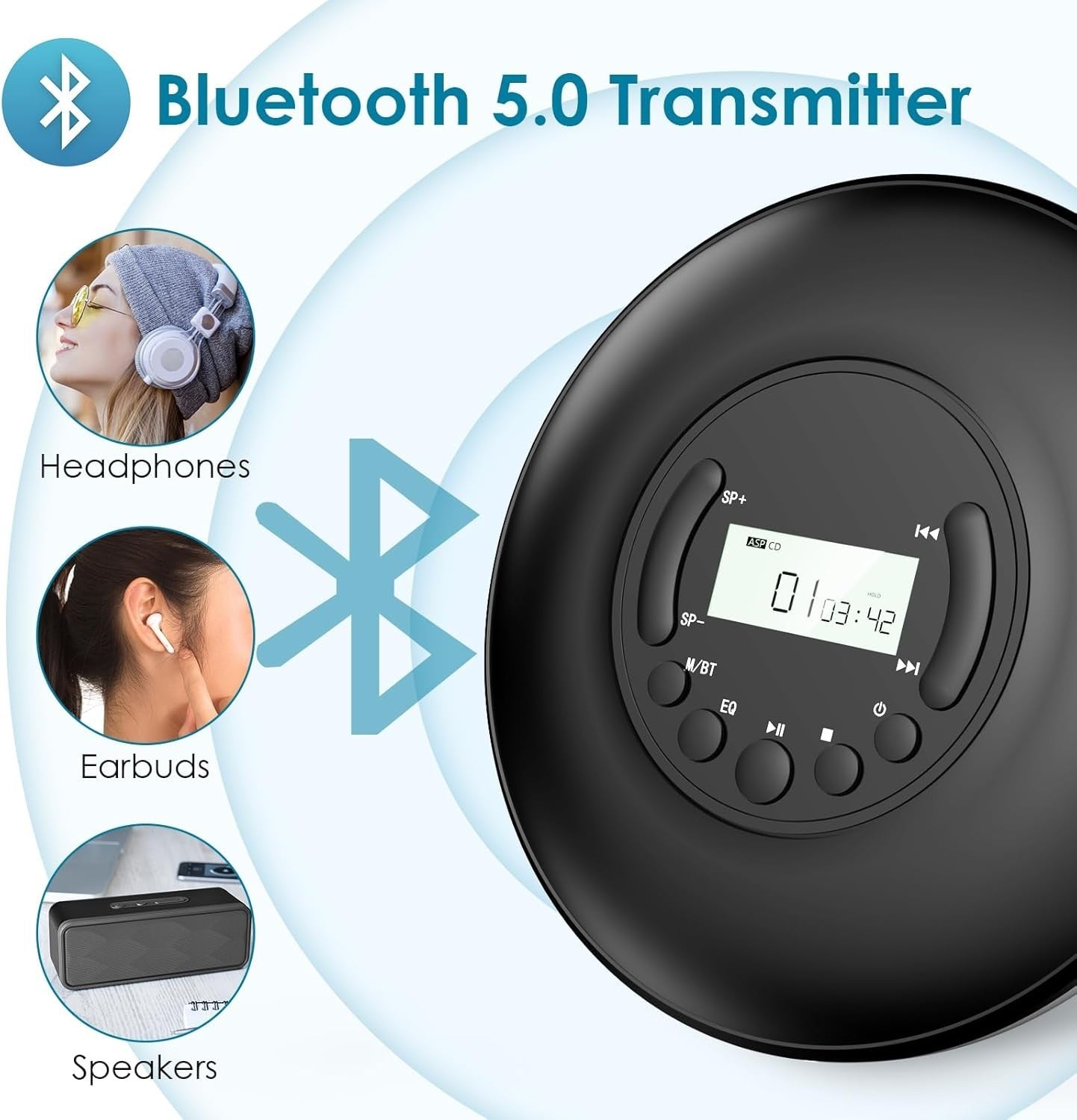 Portable Bluetooth CD Player Discman Anti Skip LCD AUX Headphones