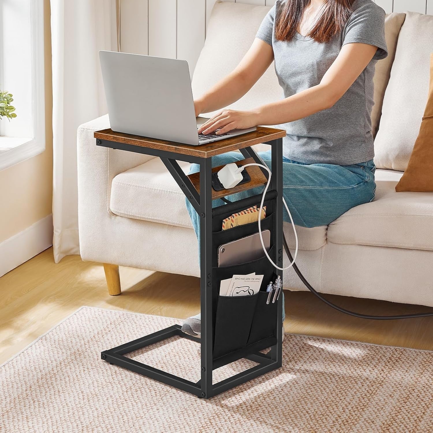C Shaped Side Table with USB Charging, Storage Bag, Sofa Bed Laptop Stand