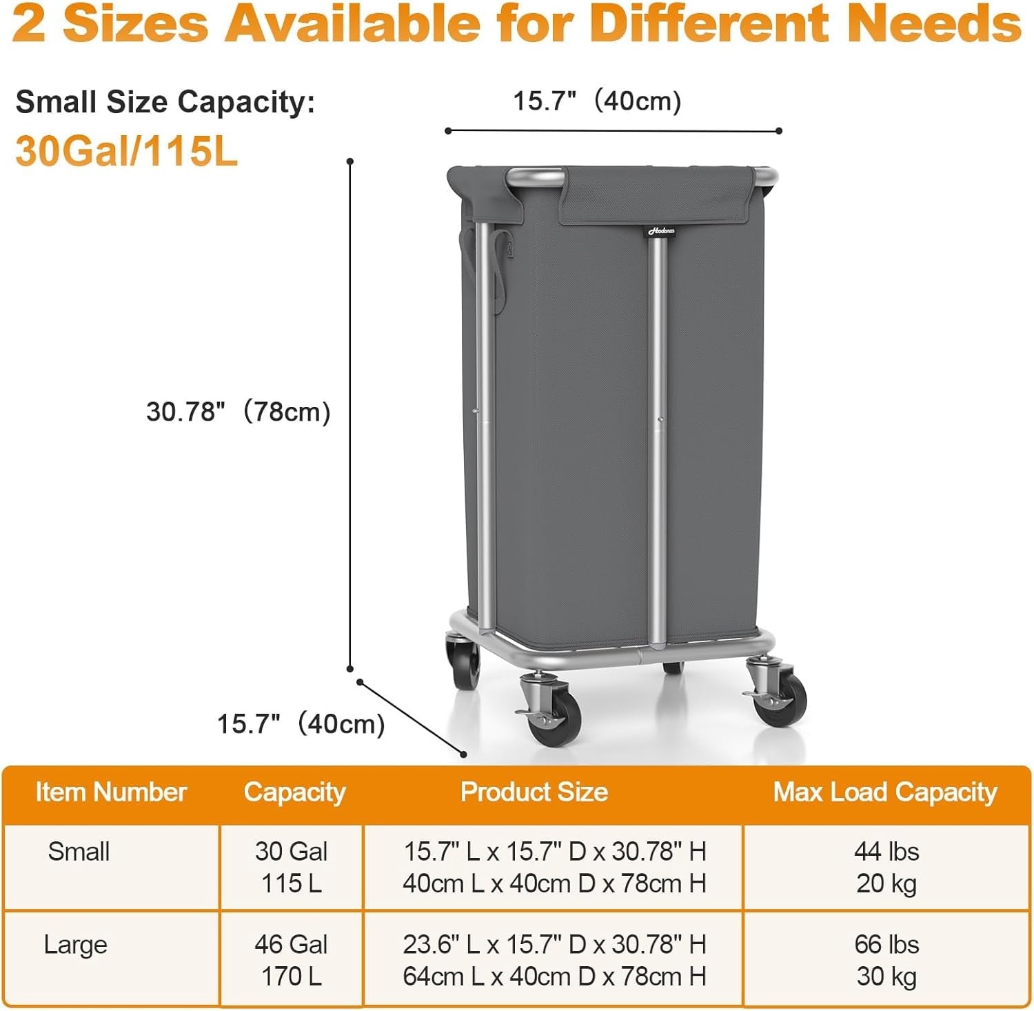 115L Grey Rolling Laundry Hamper with Wheels Steel Frame Washable Removable Bag