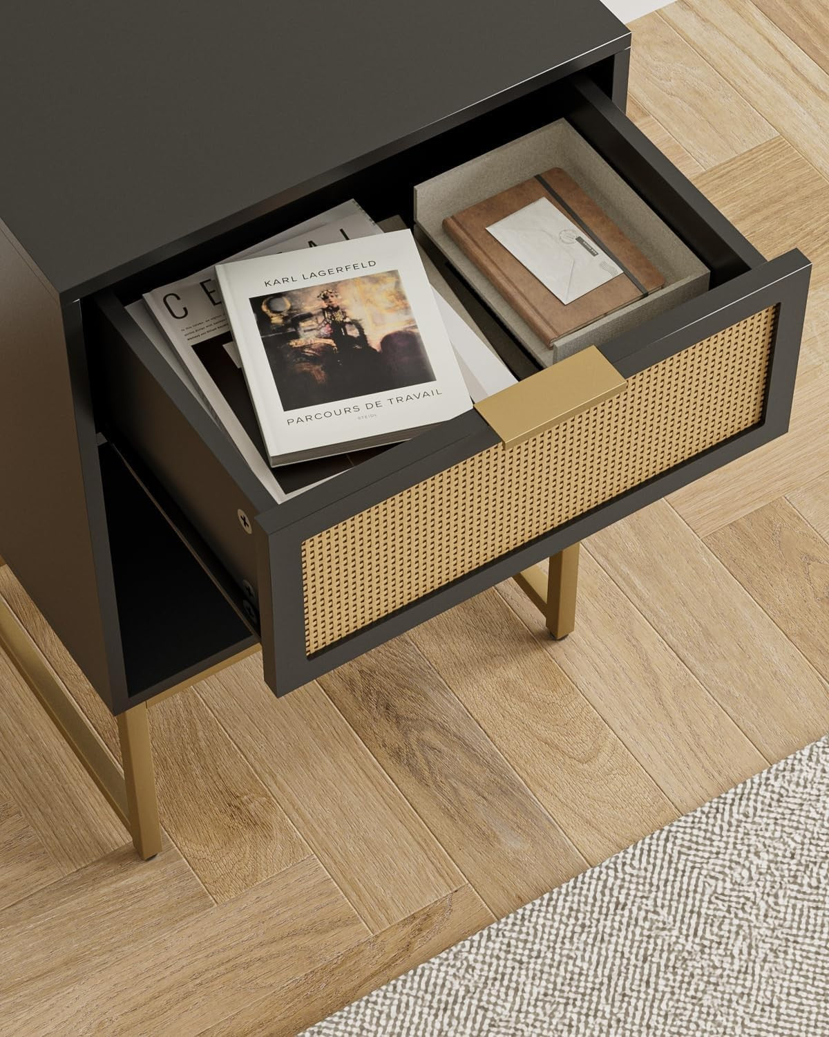 Modern Black Rattan Bedside Table with Drawer & Shelf – Gold Metal Legs