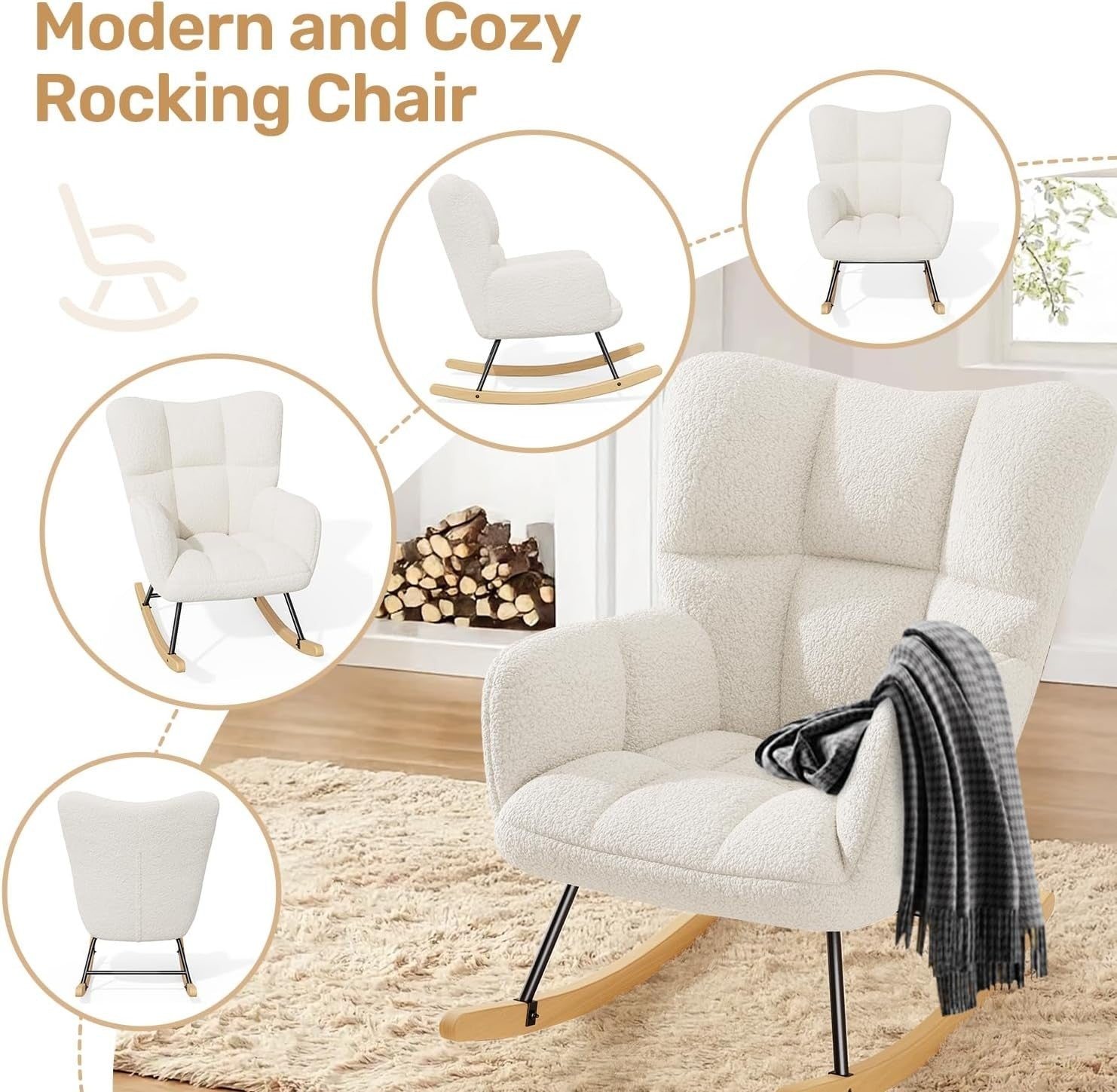 Ivory Rocking Chair Tufted Lambswool Armchair Nursery Lounge Seat