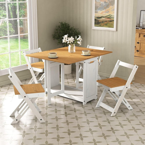 Space-Saving 4 Seat Folding Drop Leaf Dining Set White Pine Table