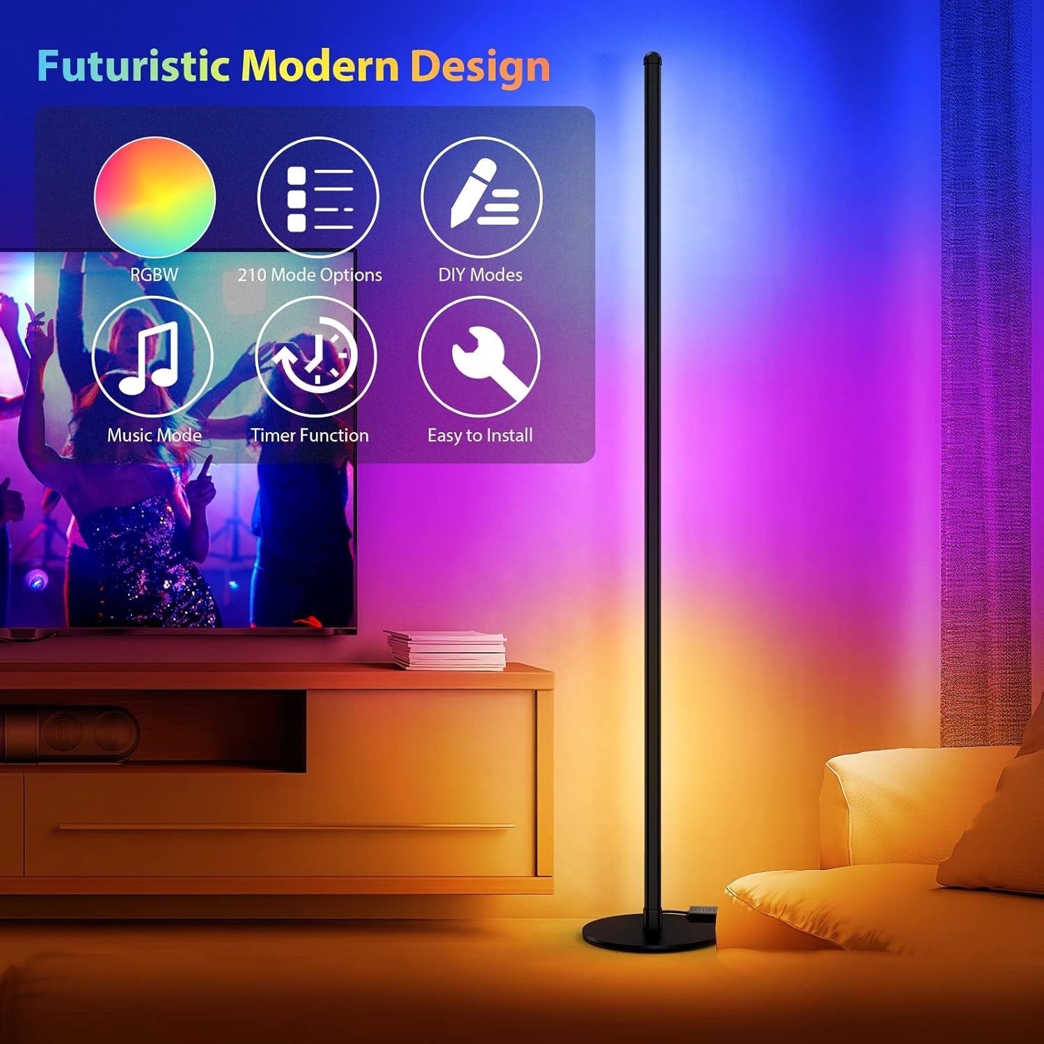 RGB Corner Floor Lamp 156cm Smart LED Light App Remote Music Sync