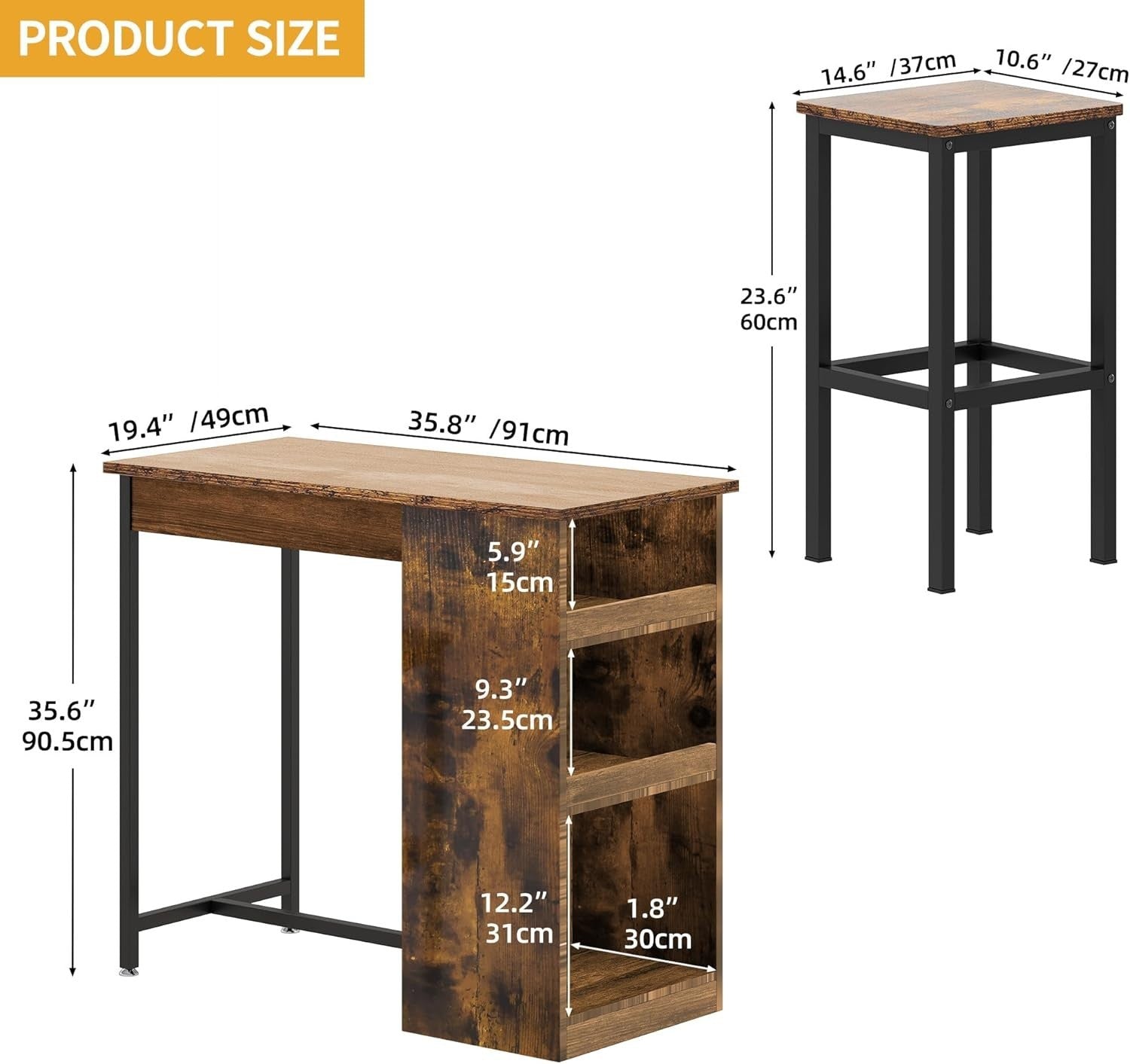 Rustic Brown Bar Table Set with 2 Stools Industrial Wood Top Storage Shelves