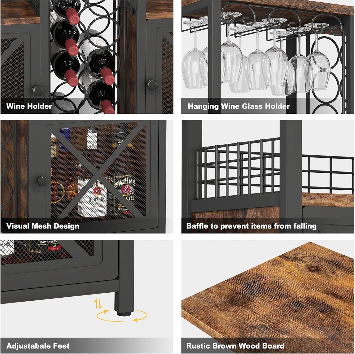 Rustic Home Bar Cabinet with Wine Rack, Glass Holder & Storage Shelves Sideboard