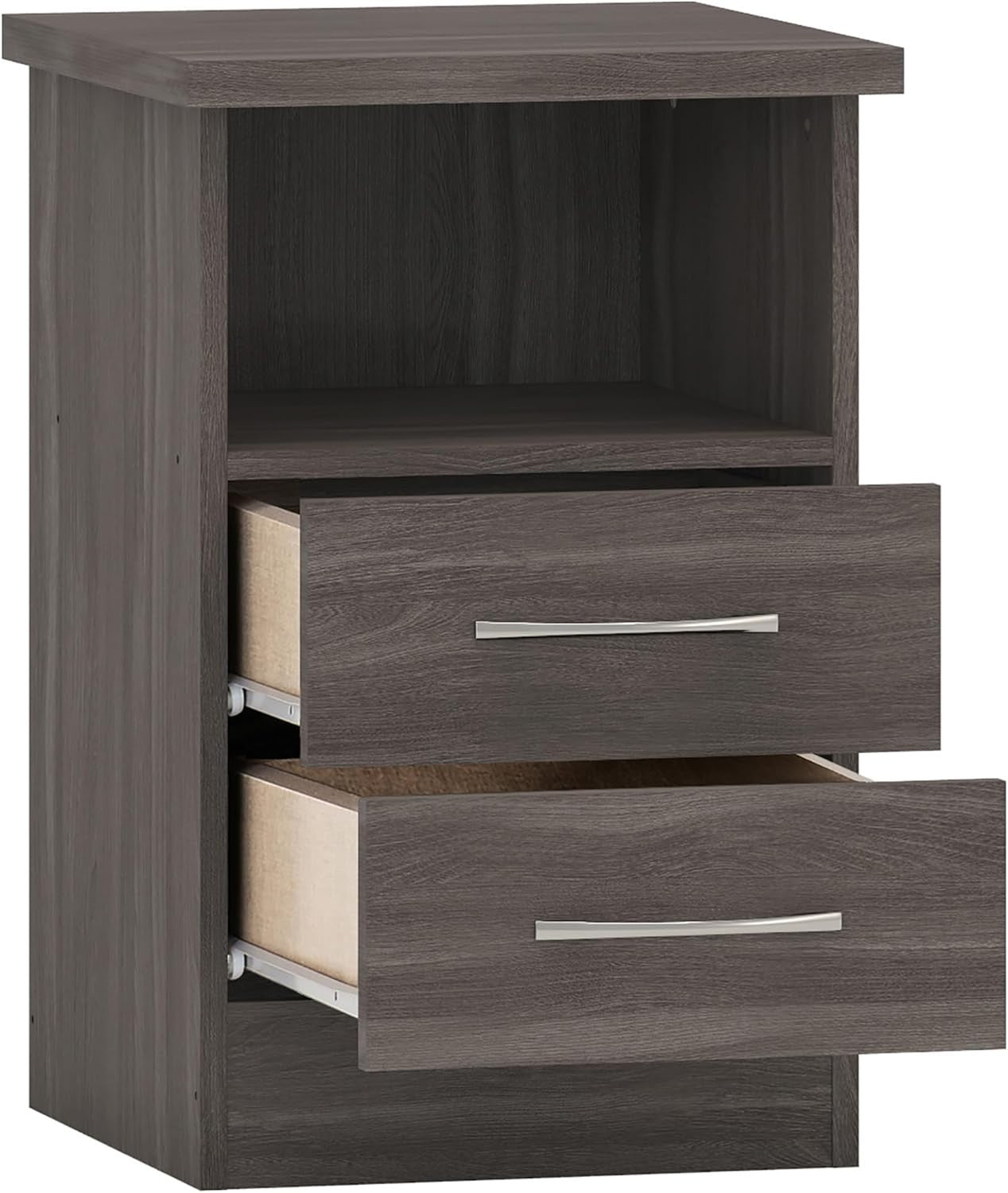 2 Drawer Black Wood Grain Bedside Table – Modern Wooden Nightstand