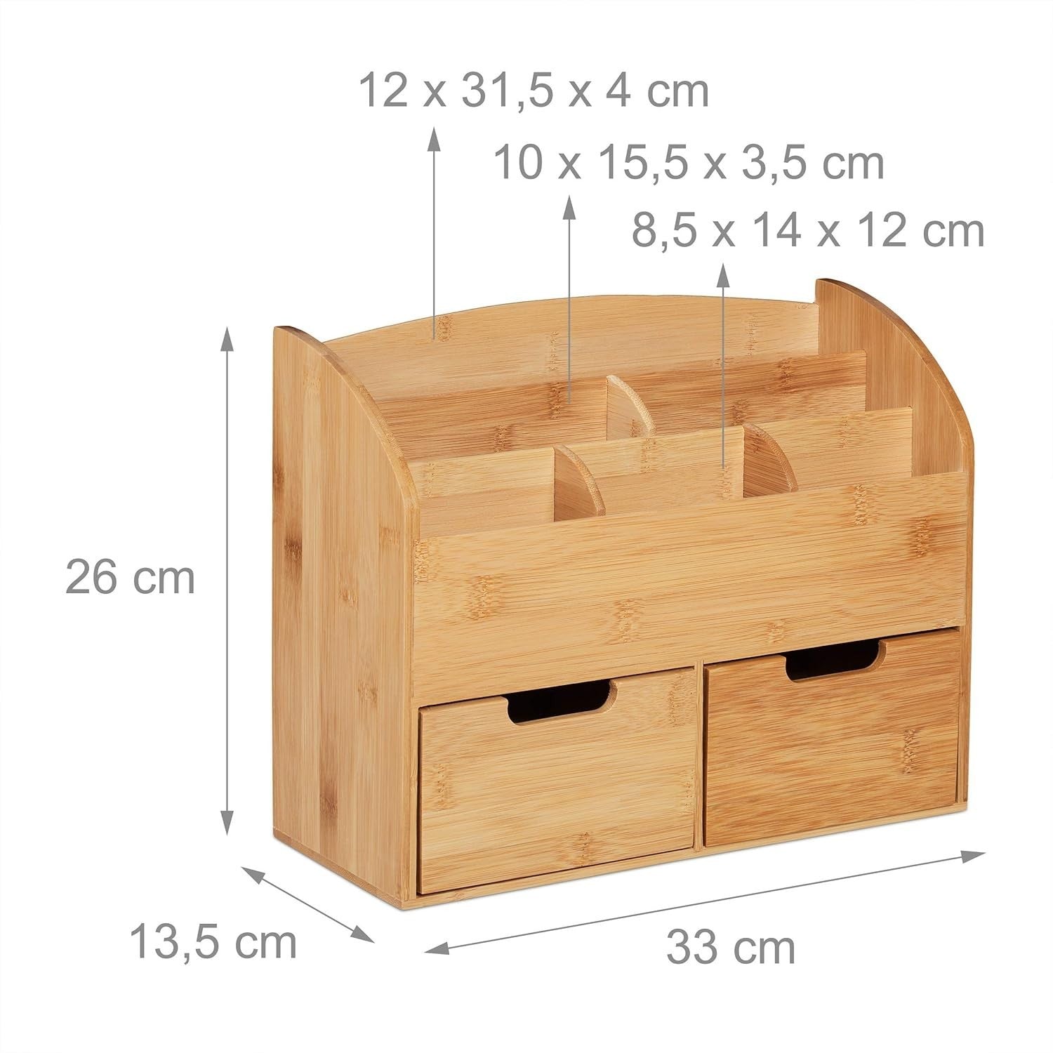 Desk Organizer Bamboo 6 Compartments 2 Drawers Office Storage Box