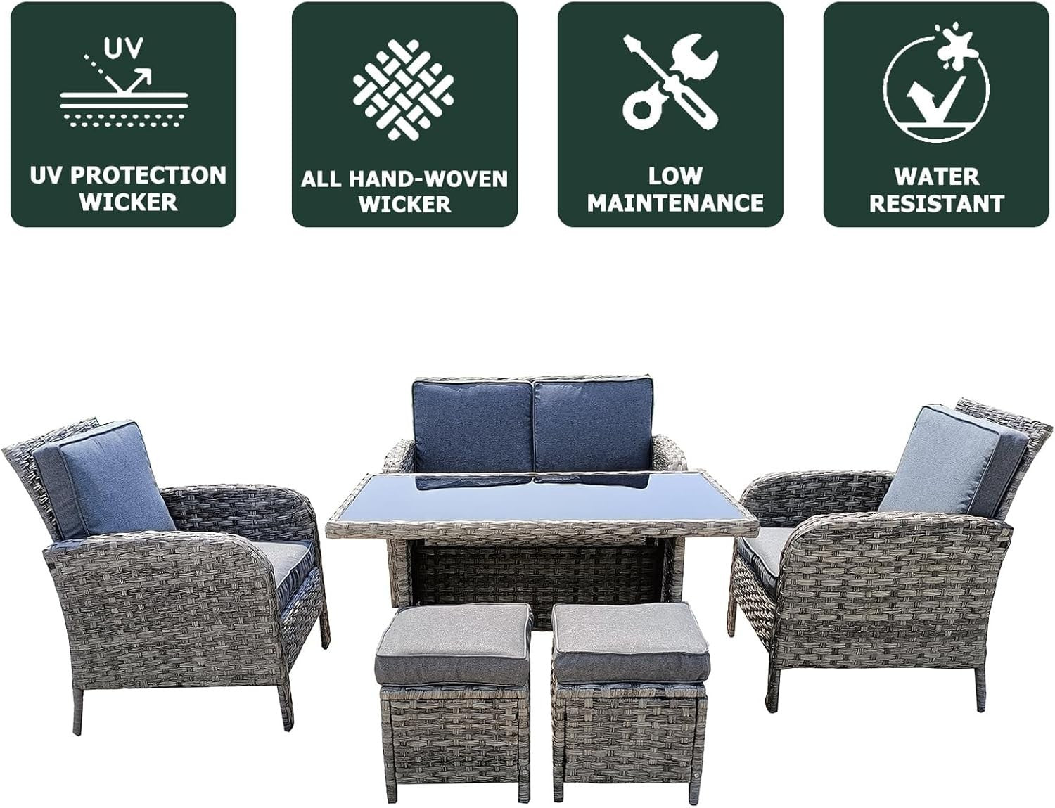 Rattan Garden Sofa Set 6PC Outdoor Dining Furniture w/ Glass Table