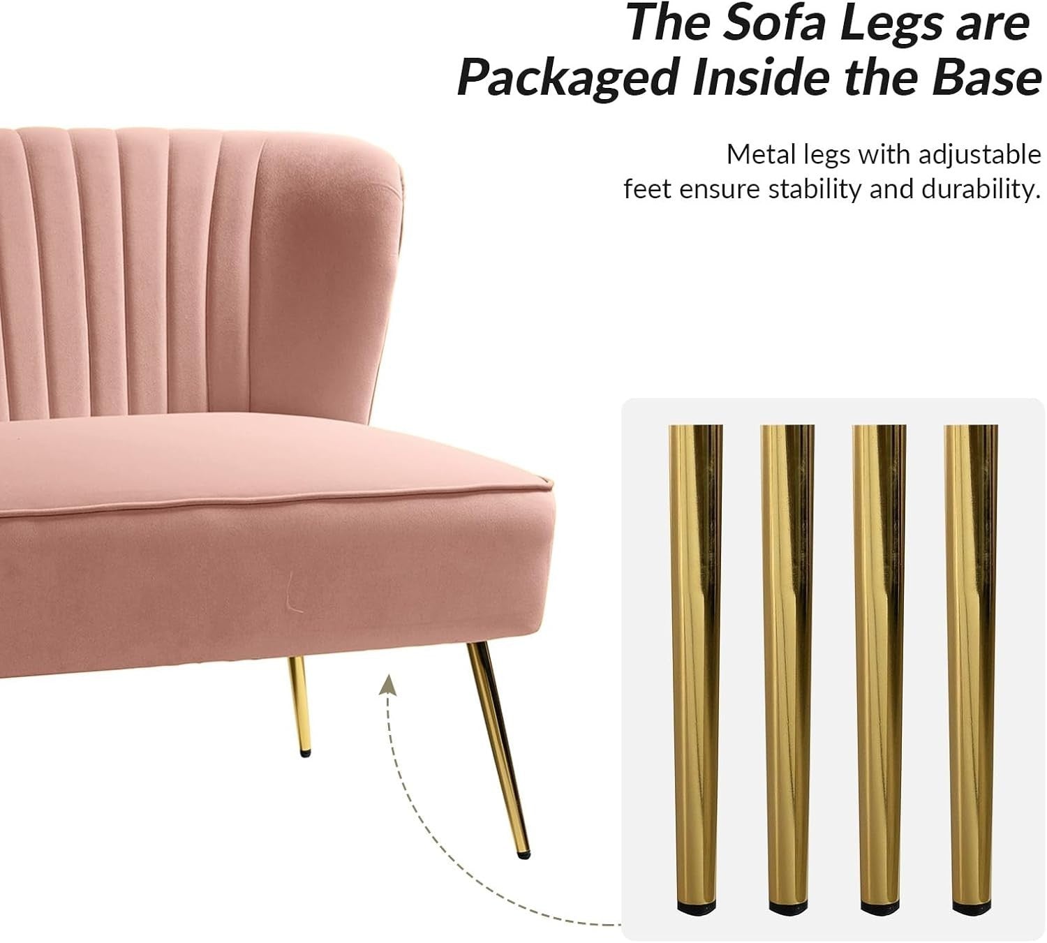 Pink Velvet 2 Seater Sofa Armless Loveseat Gold Legs for Lounge or Flat