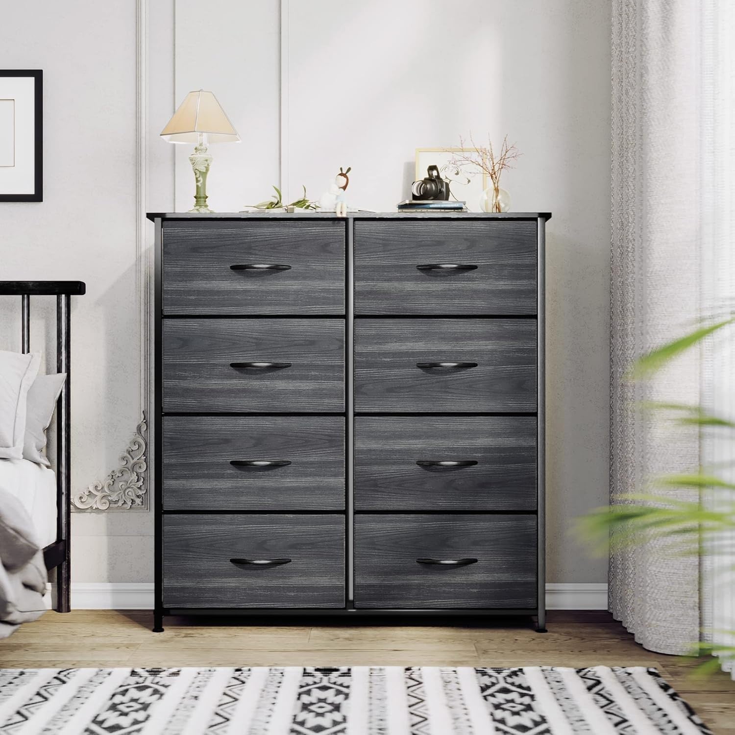 8-Drawer Fabric Dresser Chest | Charcoal Black Wood Grain | Bedroom Storage