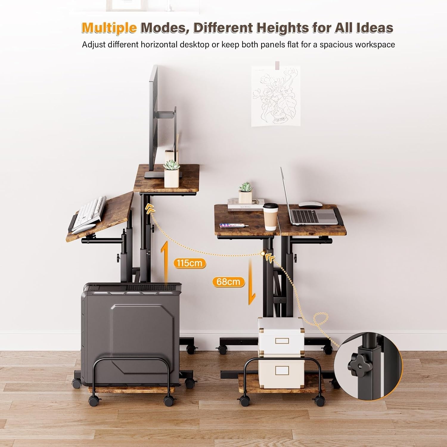 Adjustable Standing Desk with Wheels Sit Stand Laptop Table 60x60cm