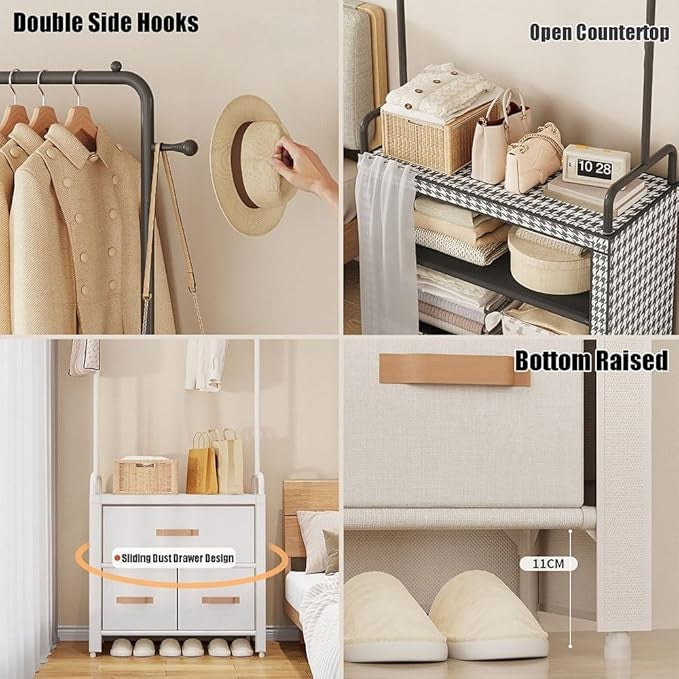 Black Floor Standing Coat Rack with Drawers & Hooks – Modern Bedroom Wardrobe