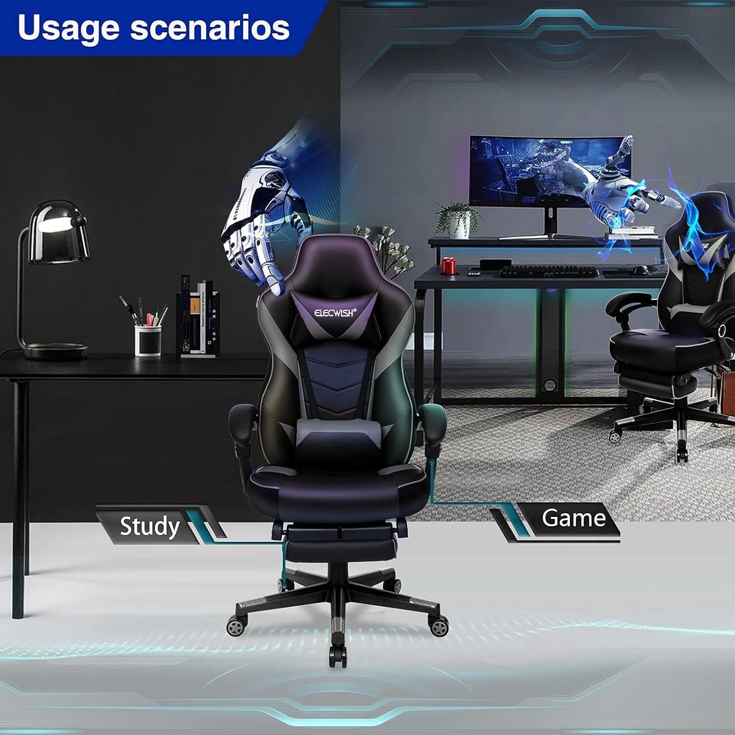 Racing Gaming Chair w/ Footrest Reclining PU Leather Grey