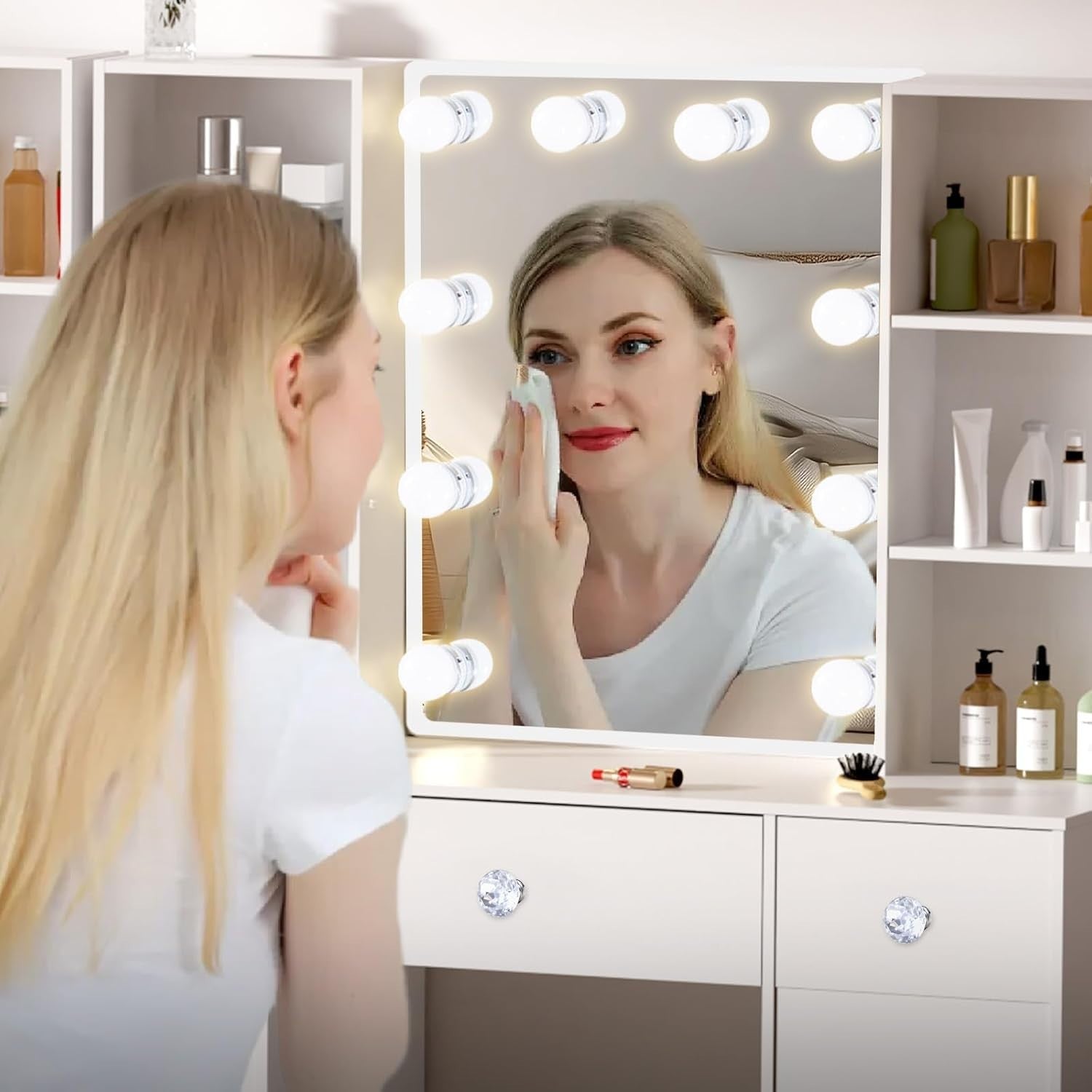 White Vanity Dressing Table Set w/ LED Lighted Mirror 3 Drawers Crystal Handle