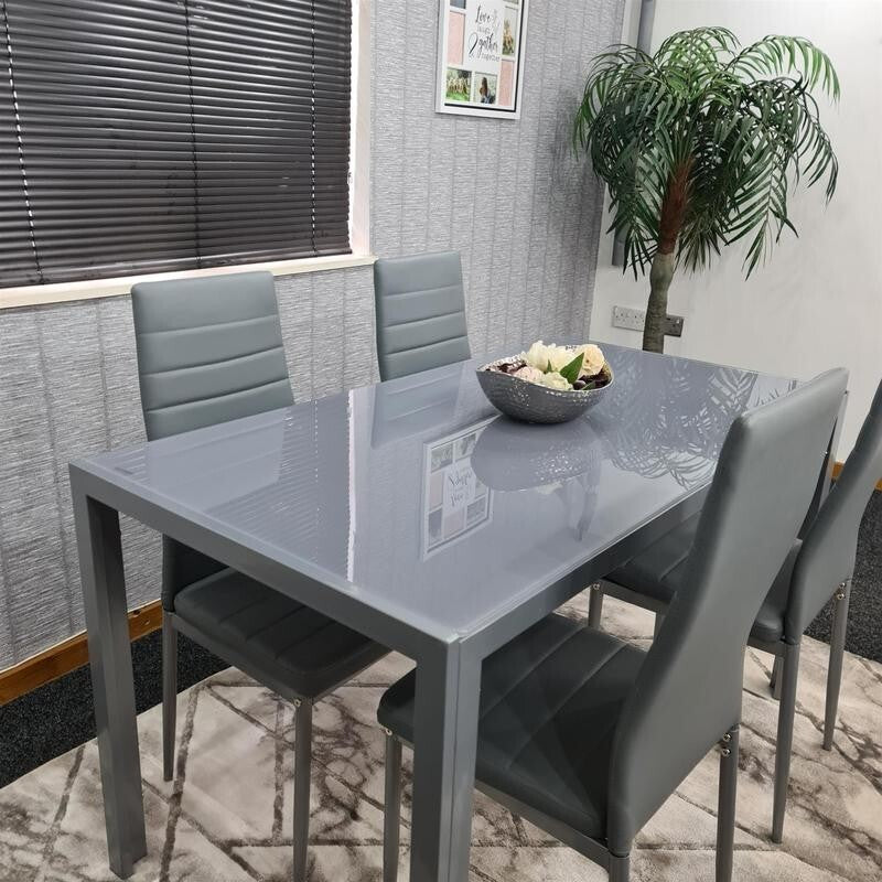 Grey Glass Dining Table Set with 4 Leather Chairs Modern Kitchen Furniture
