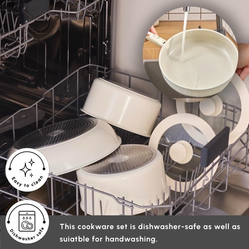 6pc Ceramic Non Stick Induction Cookware Set with Detachable Handle & Glass Lids