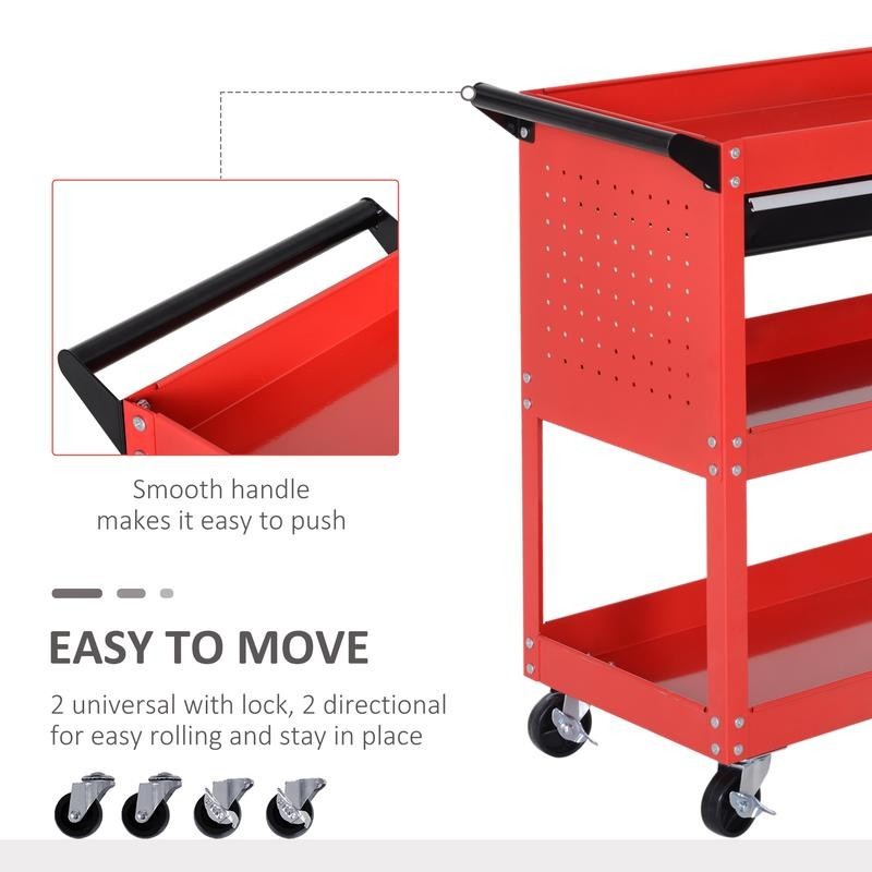 3-Tier Tool Trolley Cart with Drawer | Red Garage Workshop Storage Unit