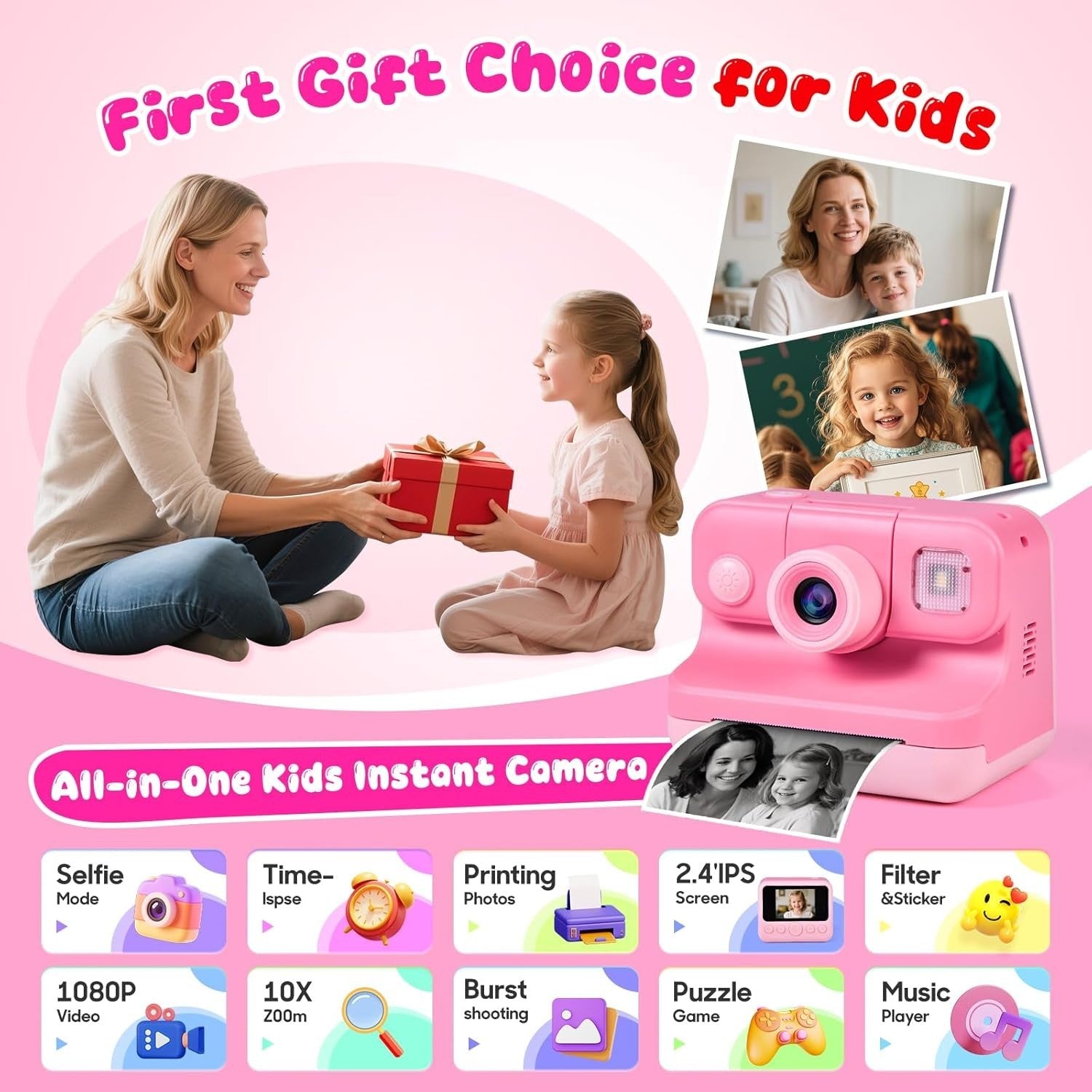 Kids Instant Print Camera 30MP 32GB Card 4 Paper Rolls Pink Bag