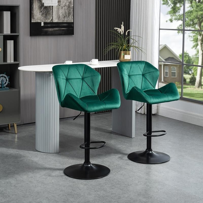 2x Green Velvet Bar Stools Adjustable Swivel Chairs with Footrest