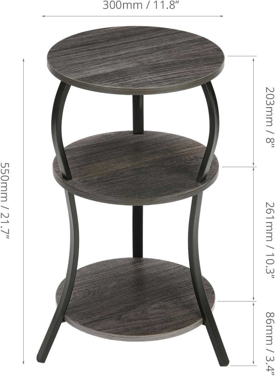 Grey 3-Tier Round Side Table 30x30x55 cm | Slim End Table w/ Storage