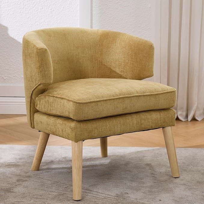 Modern Yellow Tub Chair Chenille Accent Single Sofa Solid Wood Legs