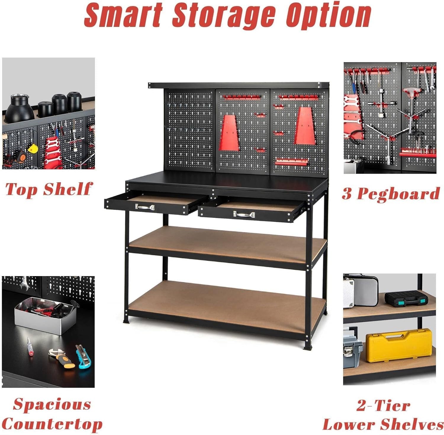 Heavy Duty Workbench with Pegboard Drawers Shelves 25 Hooks Garage Station