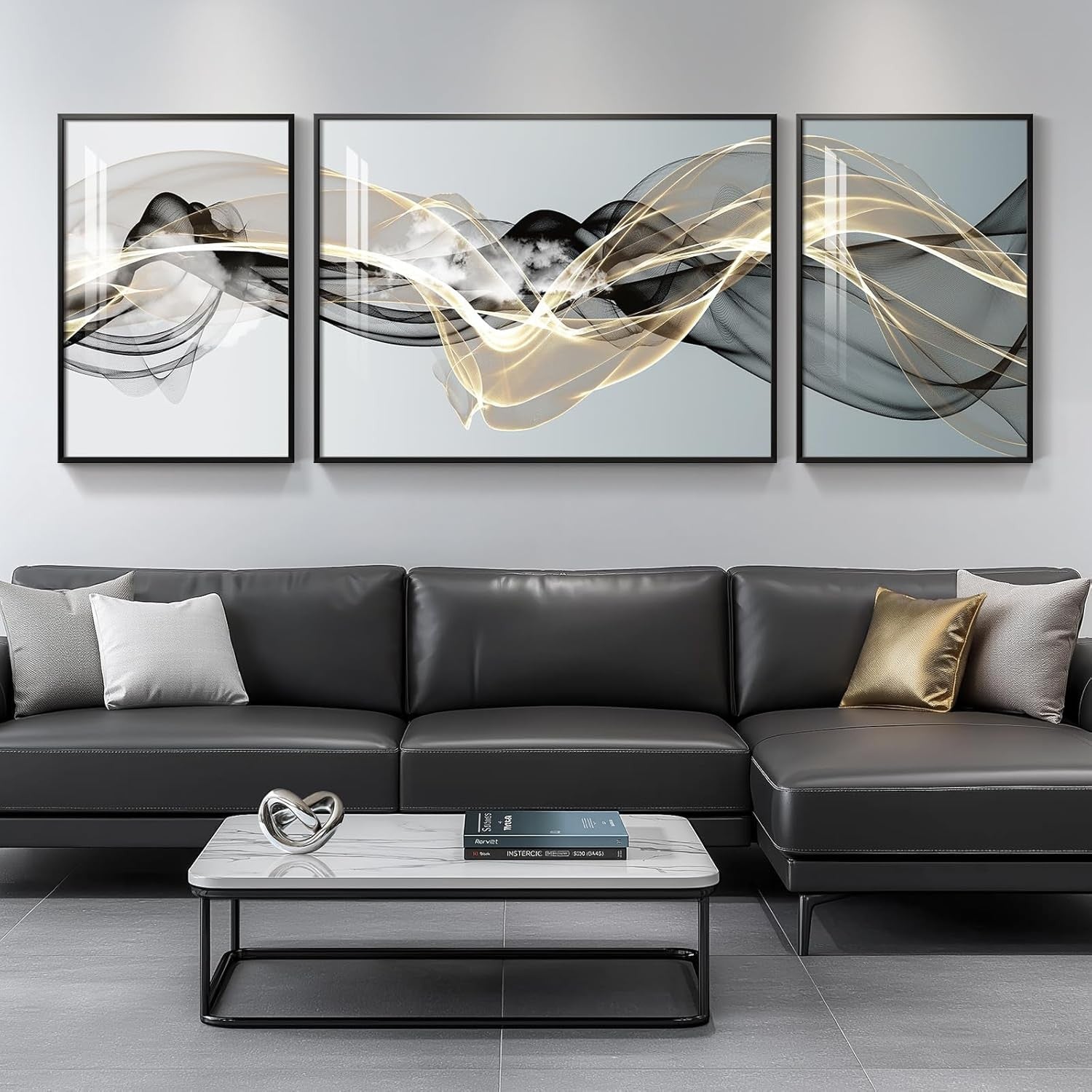 Large Abstract Wall Art Set 3 Piece Framed Modern Luxury Black Gold Prints