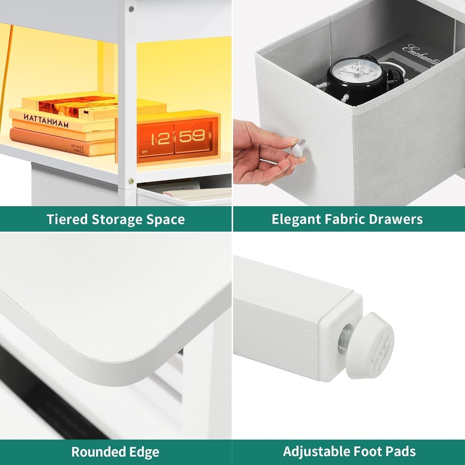 Set of 2 Smart LED Bedside Tables with USB Charging | Slim White Nightstands
