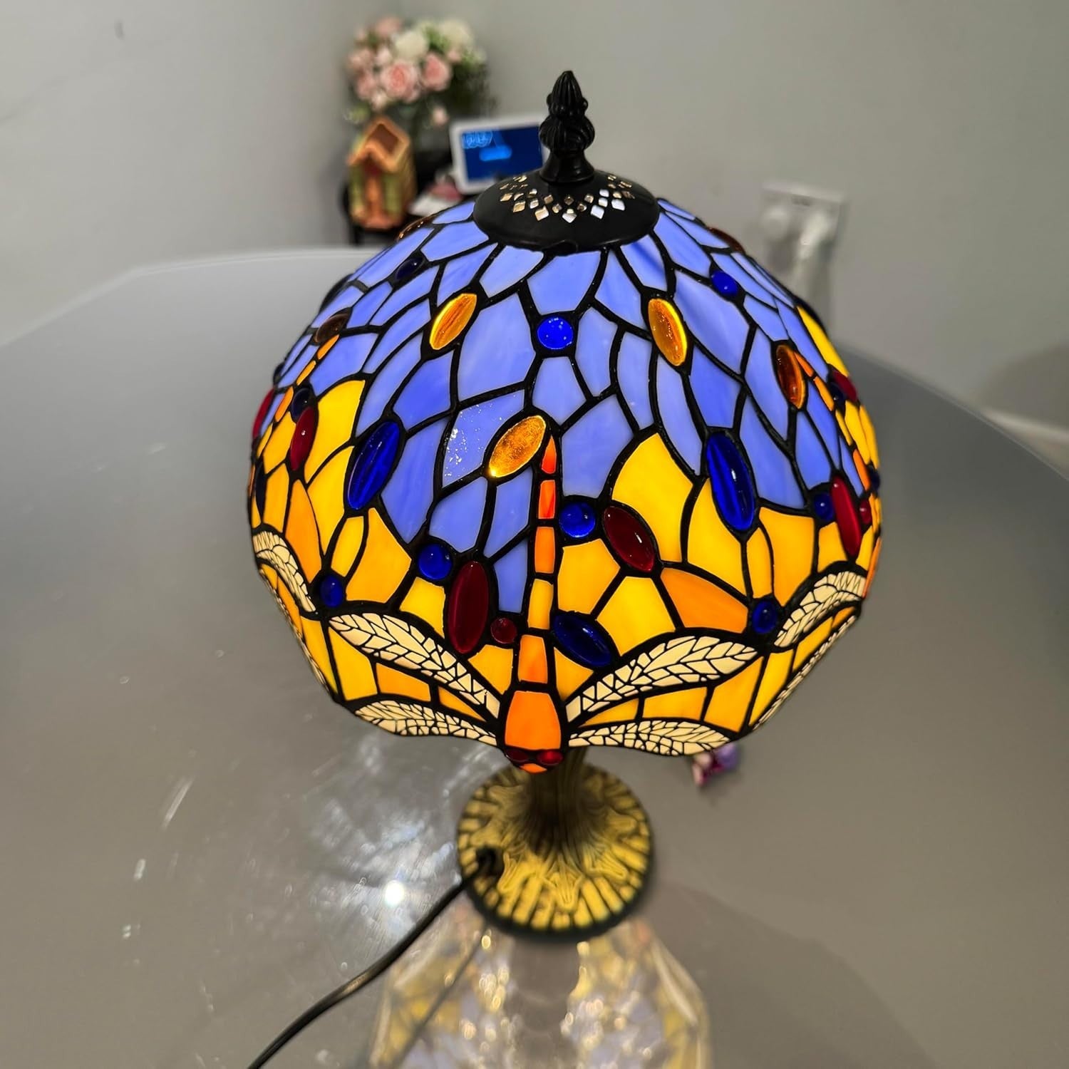 Antique Stained Glass Table Lamp Dragonfly Design Desk Light for Bedroom