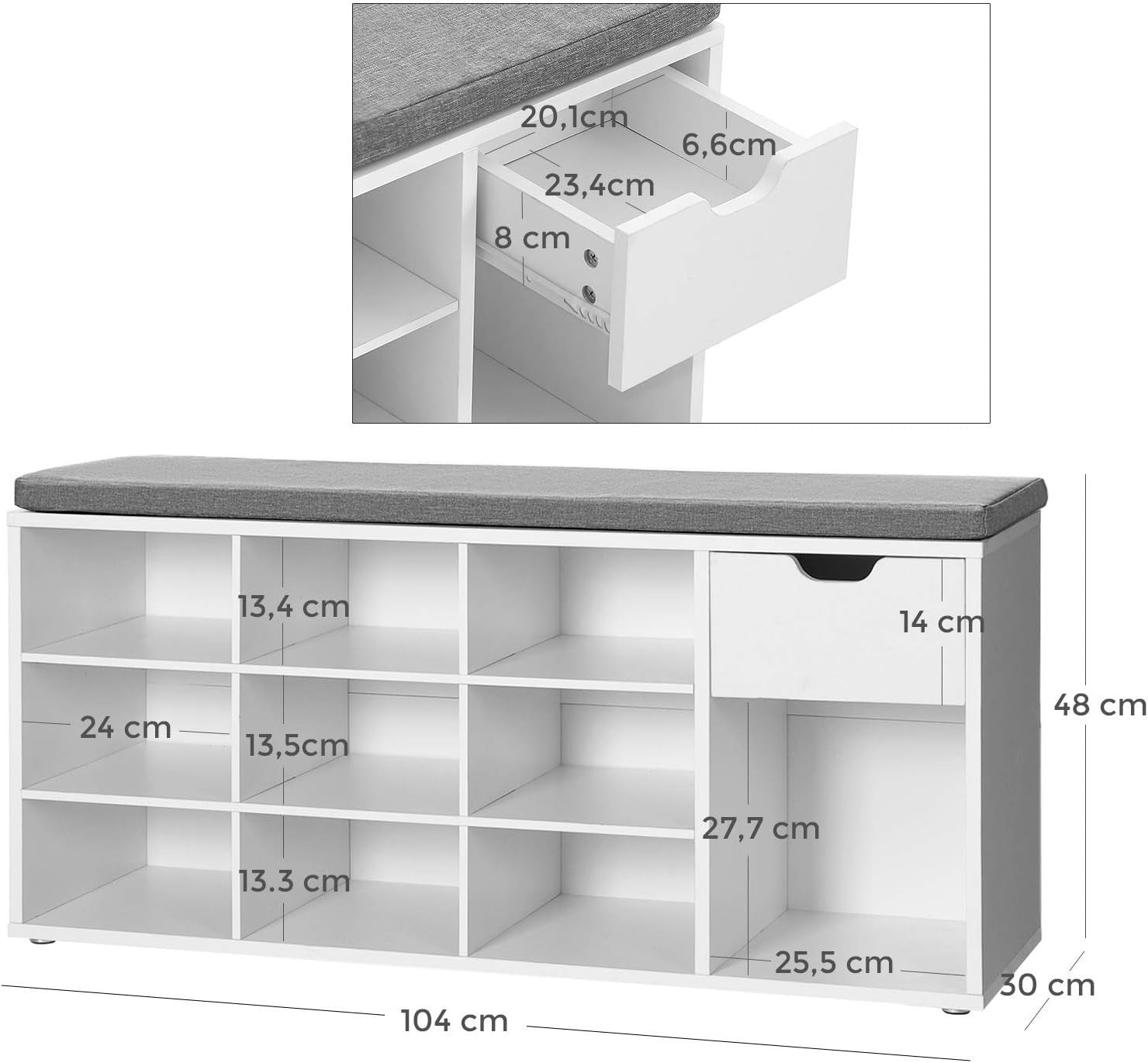 Modern White & Grey Shoe Storage Bench with Cushion, Drawer & Open Compartments