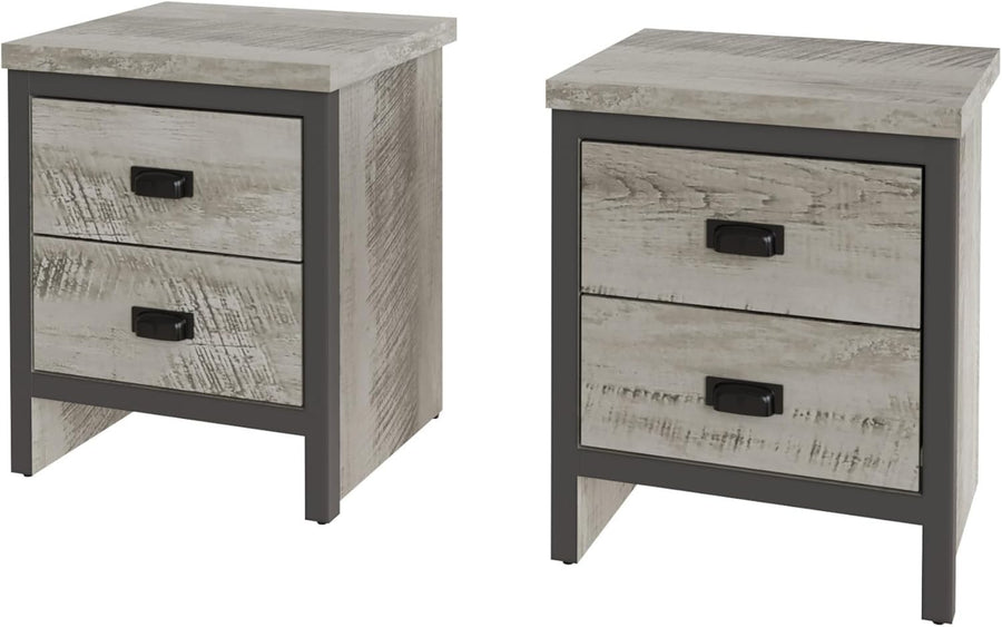 Pair of Grey 2 Drawer Bedside Tables | Modern Wood Nightstands with Shelf