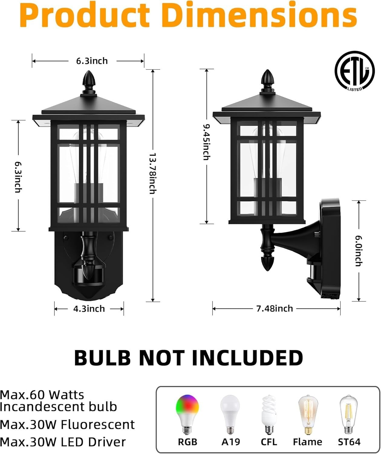 Outdoor Motion Sensor Wall Light Waterproof E27 Dusk Dawn Lamp
