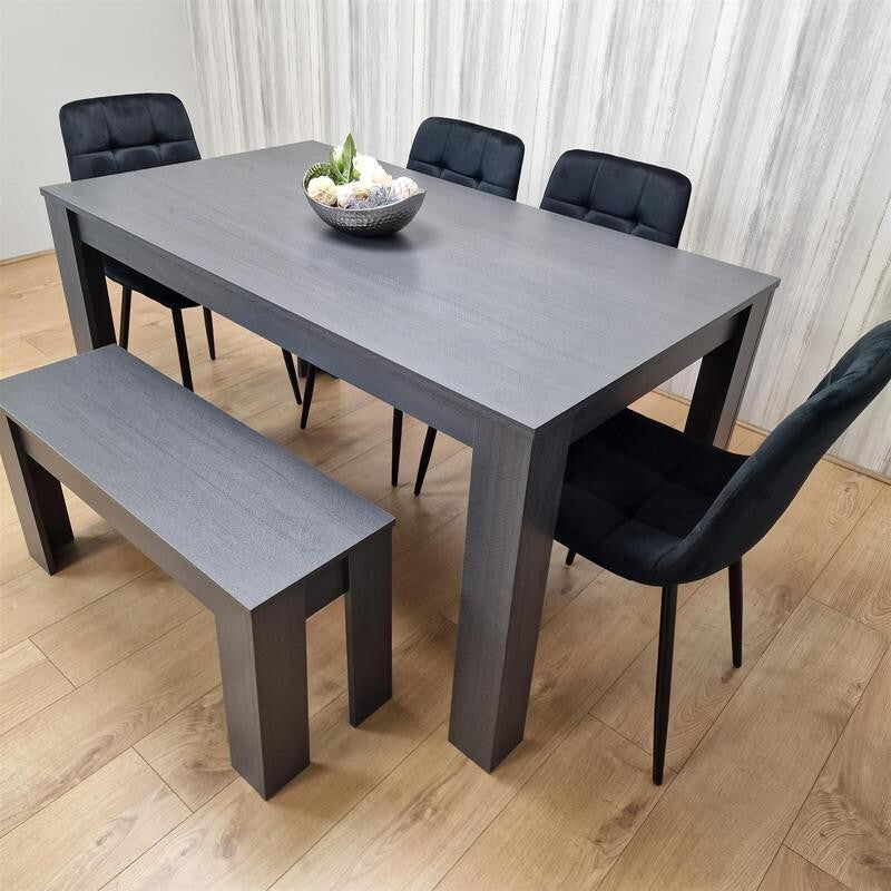 6 Seater Dining Table with 4 Black Chairs & Bench – Dark Wood Kitchen Set