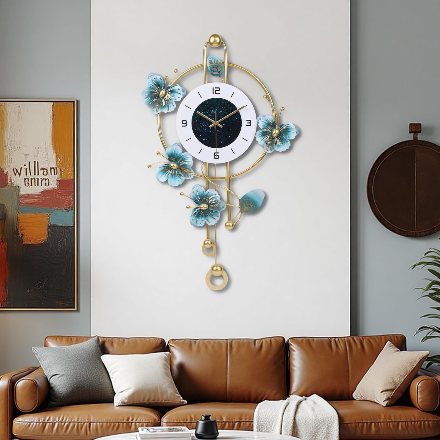 Large 75cm Wall Clock Green Metal Floral Design Silent Quartz Pendulum Decor