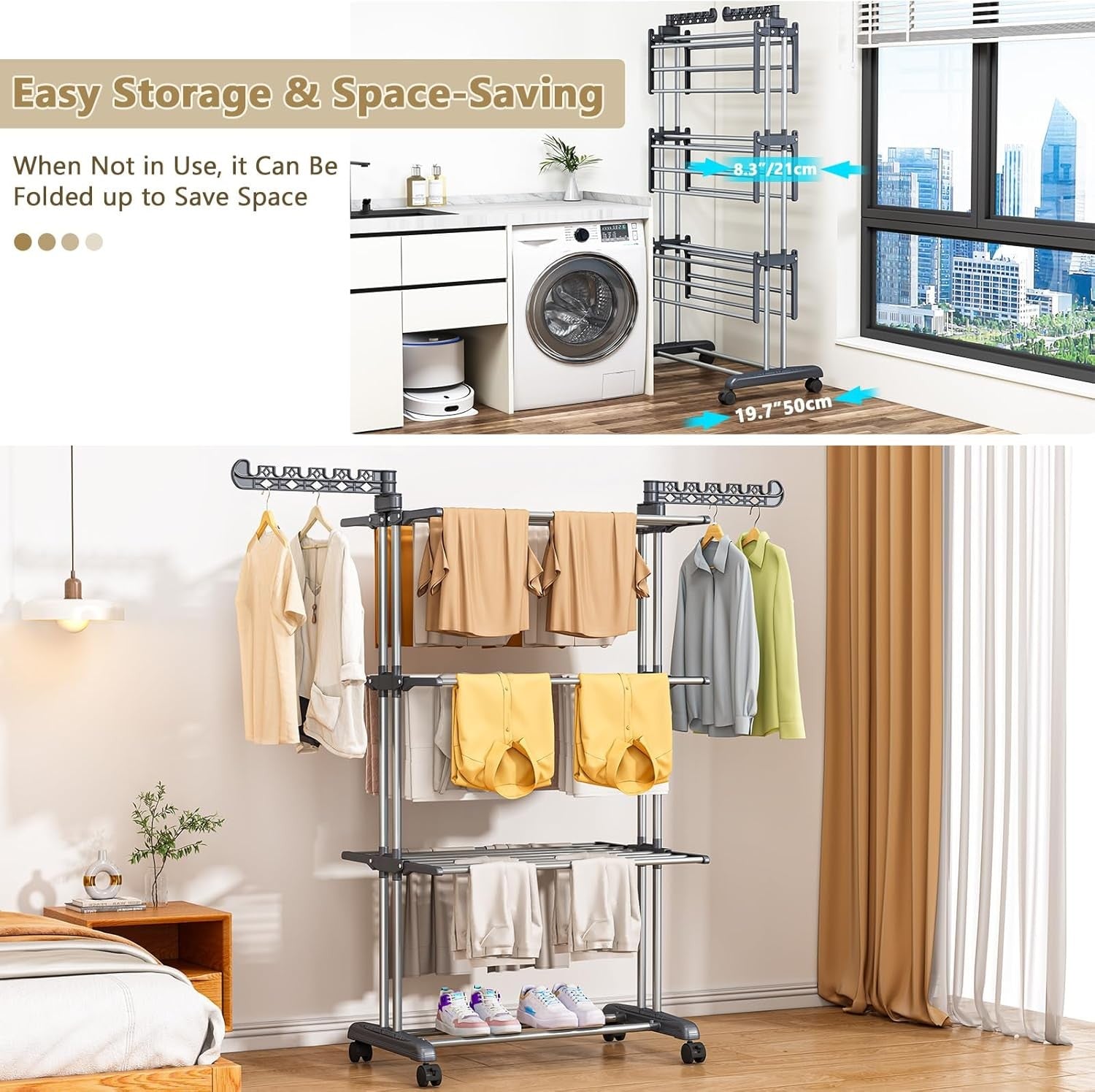 4 Tier Clothes Airer Large Folding Drying Rack with Wheels Indoor Outdoor