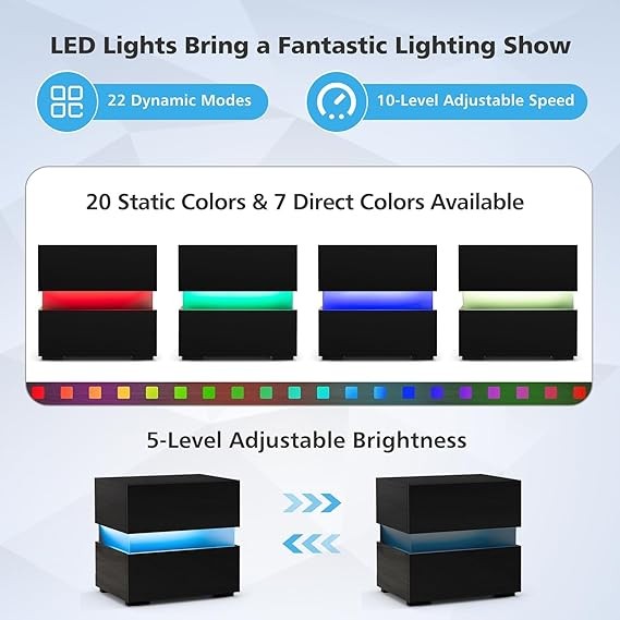 Modern LED Bedside Tables Set of 2 with Drawers & RGB Lights, High Gloss Black