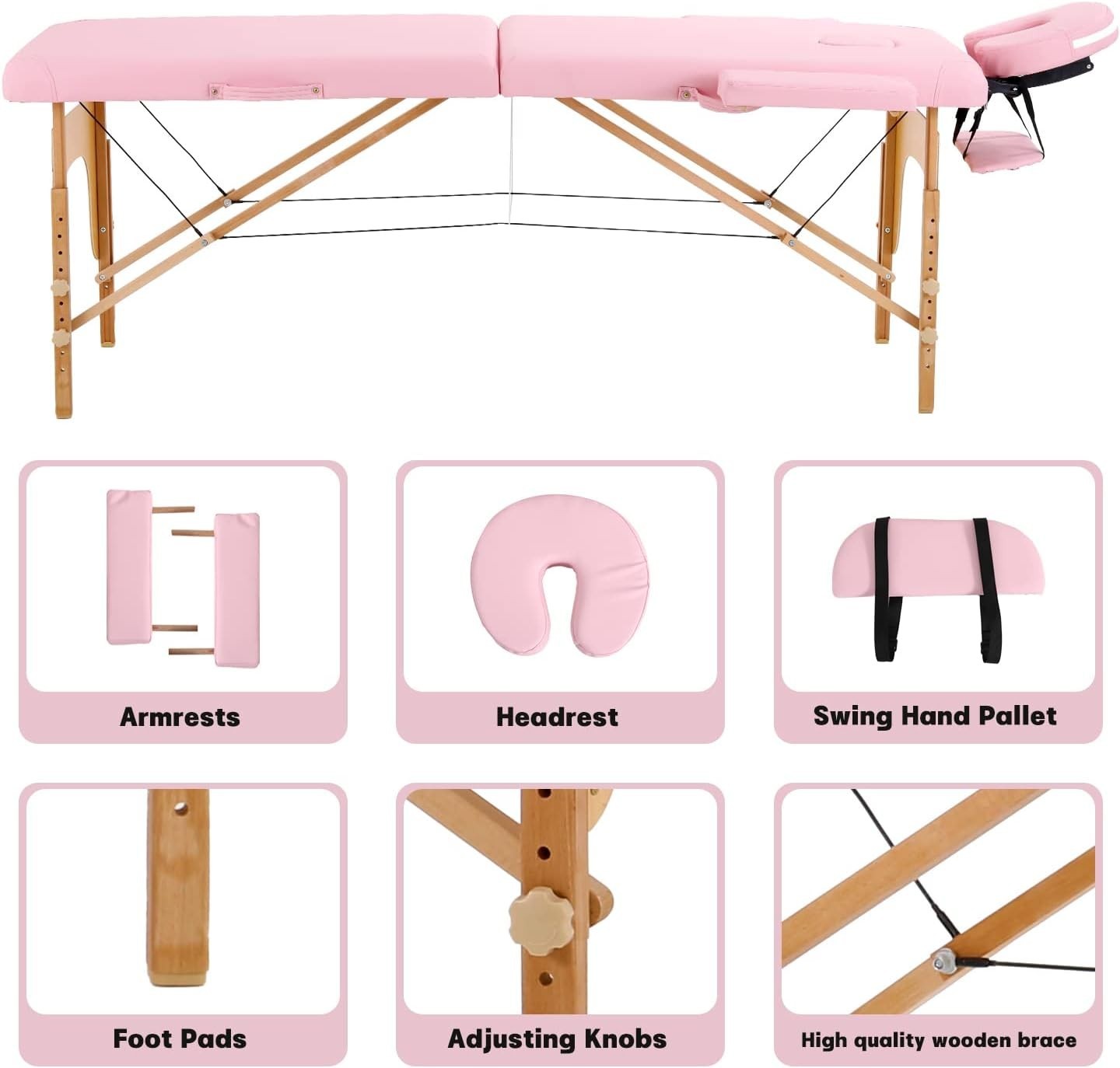 Portable Wooden Massage Table Adjustable Height Beauty Tattoo Spa Bed Pink