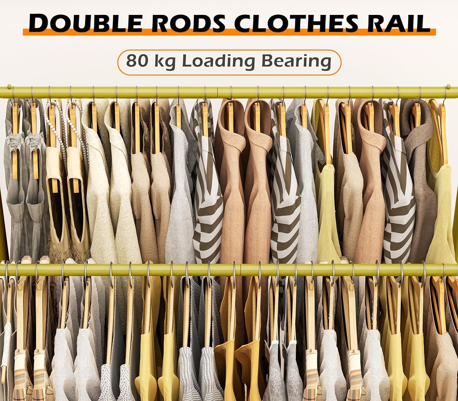 Double Clothes Rail 80KG Heavy Duty Rack With Shelf Gold