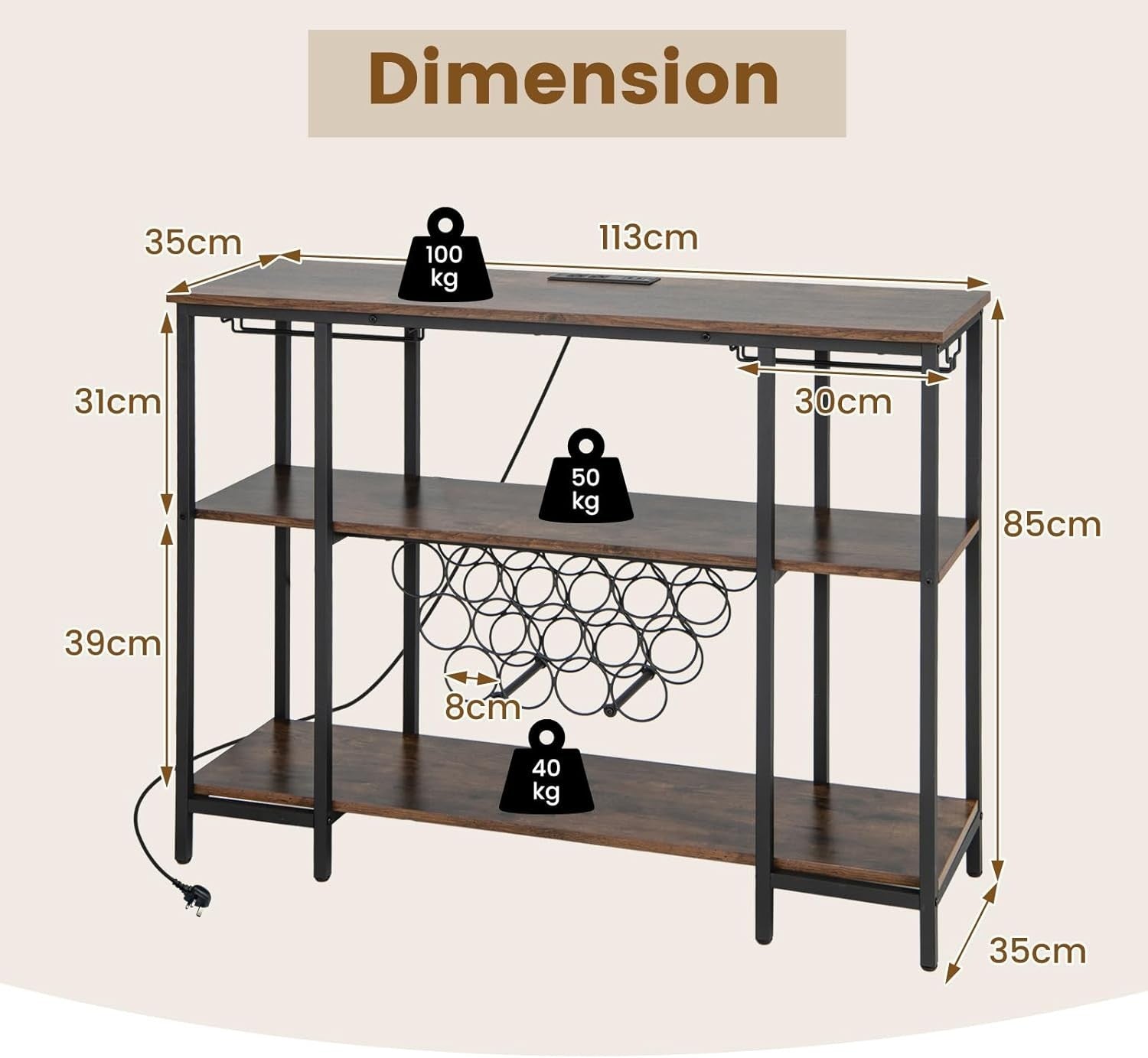 3 Tier Industrial Wine Cabinet with Countertop Glass Holders USB Charging Bar