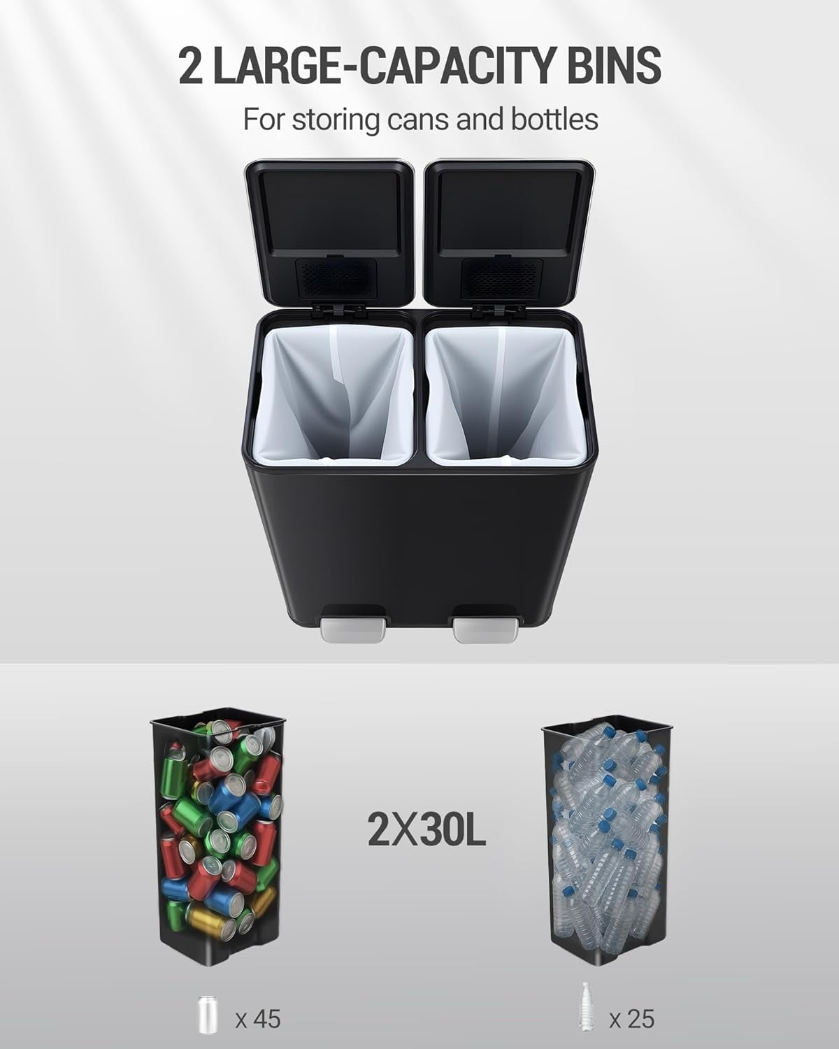 60L Double Kitchen Recycling Bin | 2 x 30L Stainless Steel Pedal Bin Black